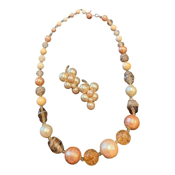 Vintage Beaded Necklace & Clip-On Earring Set Earth Tones & Pearl JB7 - Picture 2 of 6